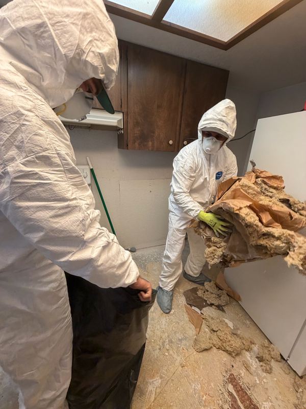 Crew in protective suits removing water-damaged insulation during a restoration tear-out by Classic Cleanouts